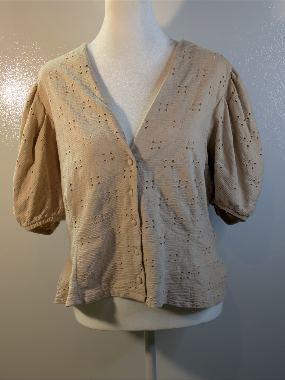 H&M Beige Eyelet Button-Up V-Neck Puff Sleeve Blouse